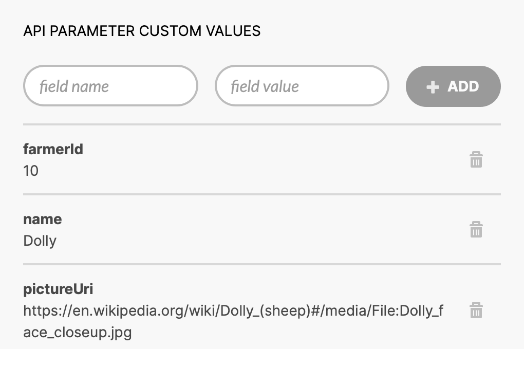 API Custom values configuration dialog screenshot